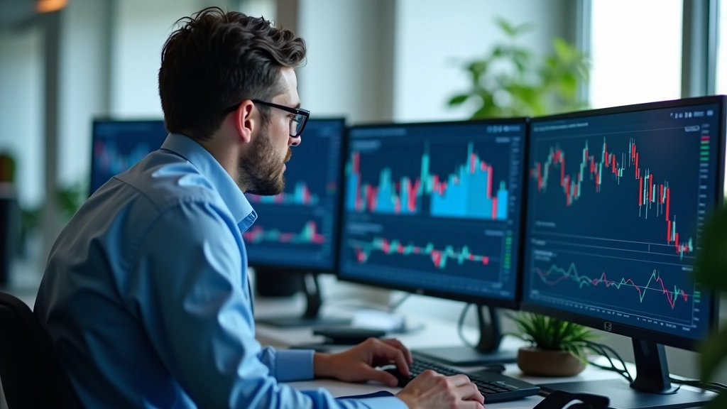 Analista che esamina grafici e dati di mercato su più monitor in uno studio professionale con illuminazione naturale