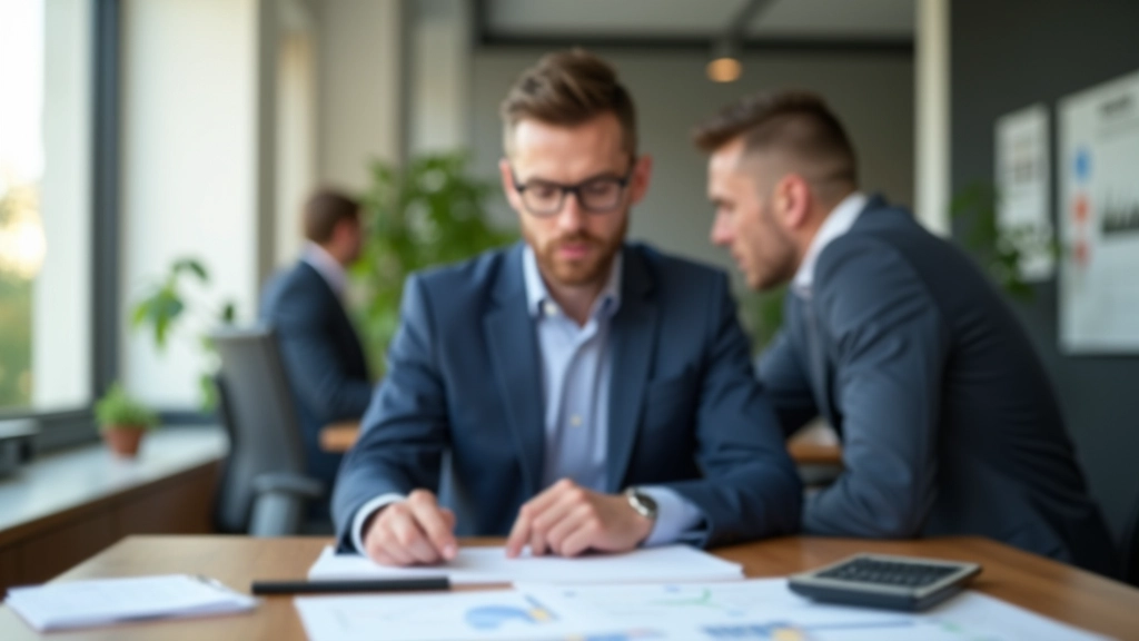 Persona che pianifica una strategia finanziaria con fogli di calcolo e dati di mercato visibili sul tavolo, analisi rischio
