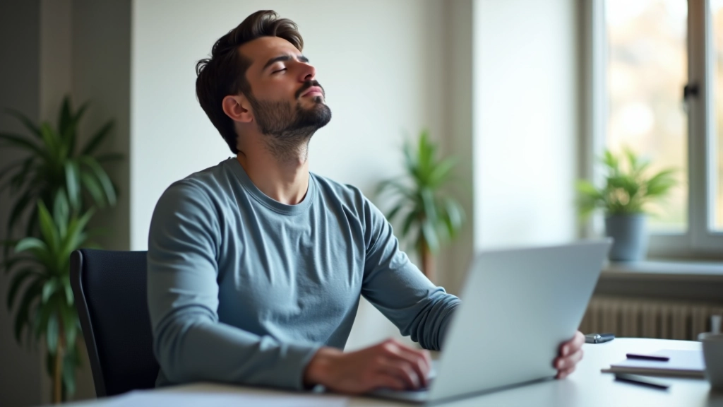 Trader pratica tecniche di respirazione al desk durante momento di stress con monitor spento