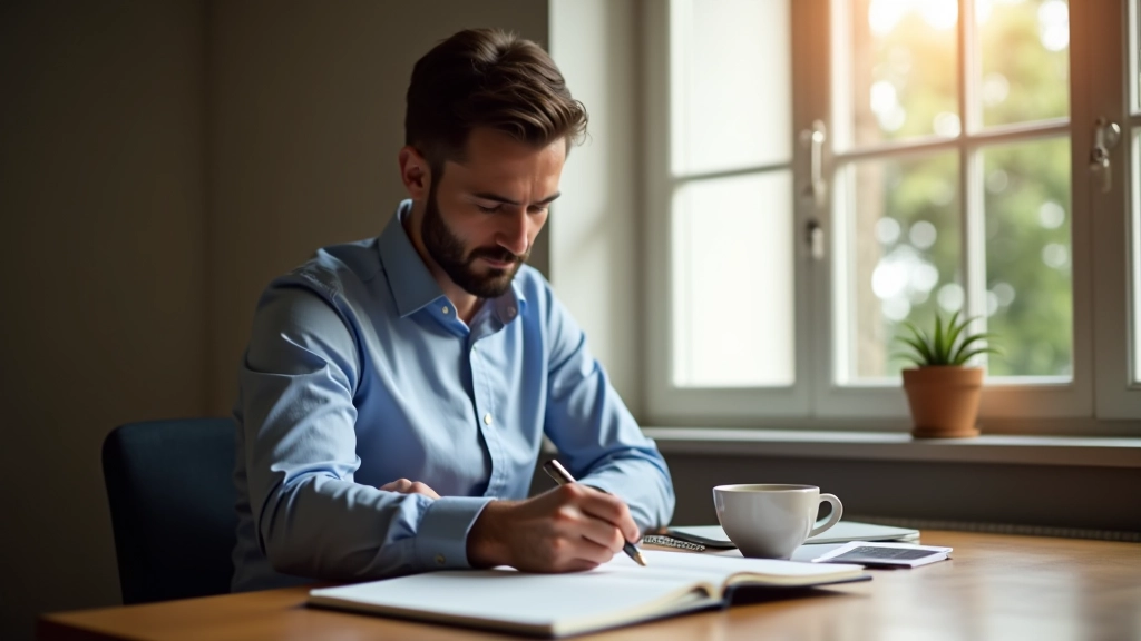 Trader pianifica la giornata con notebook e caffè al tavolo, ambiente ordinato e tranquillo