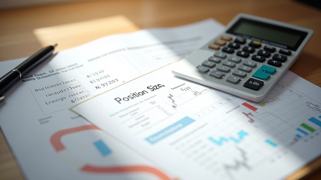 Notebook aperto con calcoli sulla gestione della posizione accanto a grafici e calcolatrice professionale