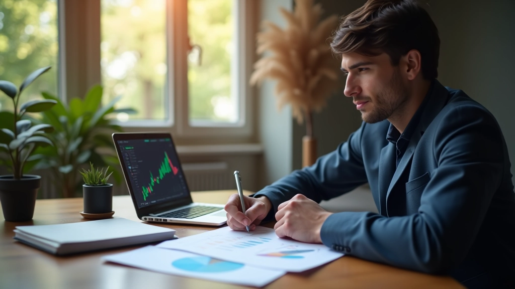 Persona che analizza grafici di mercato con annotazioni di pregiudizi cognitivi, schermo del computer con dati finanziari