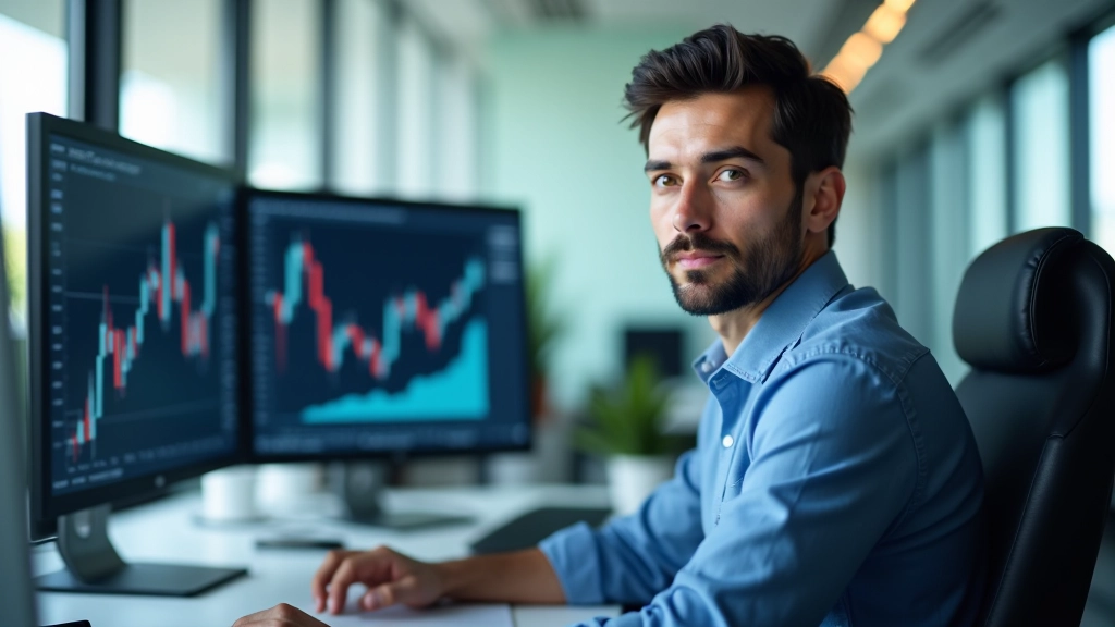 Trader professionista che analizza grafici con candele giapponesi su schermo multiplo in ufficio luminoso