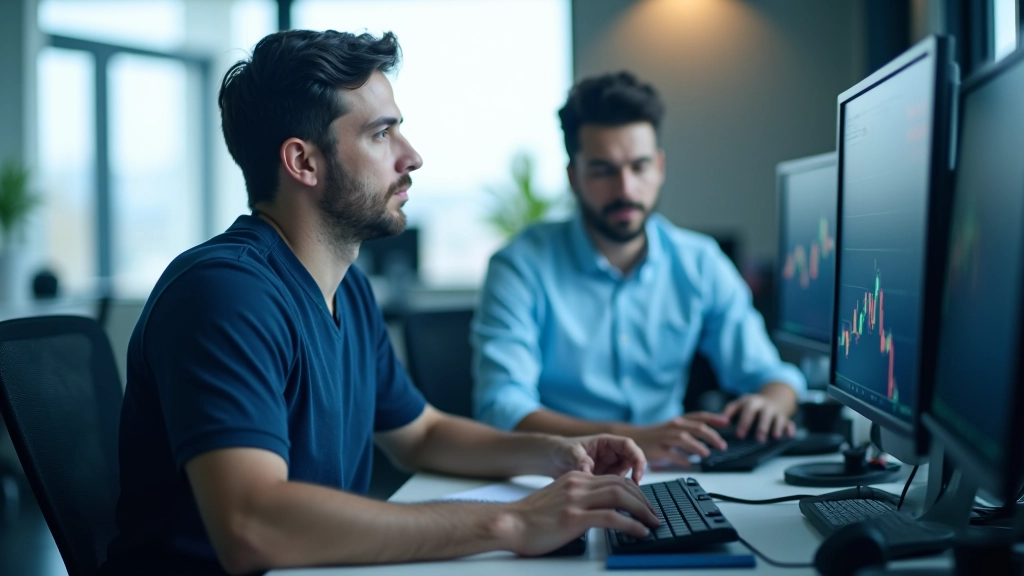 Trader che analizza grafici finanziari su più schermi in un ambiente di lavoro luminoso