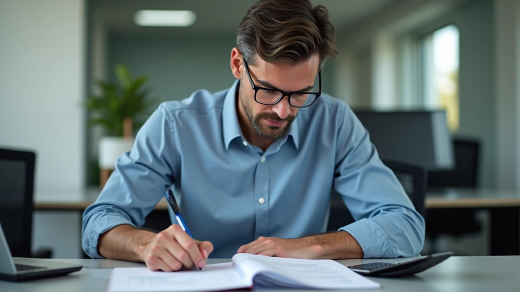 Trader professionista che calcola la dimensione della posizione su una scrivania con quaderni e calcolatore