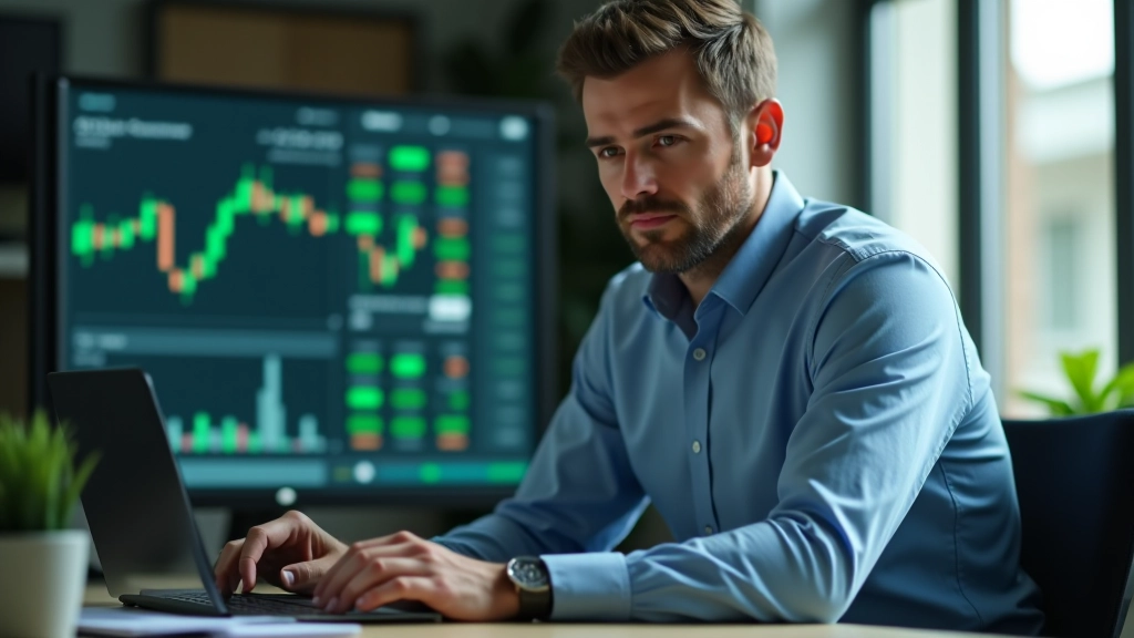 Trader fiducioso che lavora al computer con grafici stabili e ordini ben piazzati