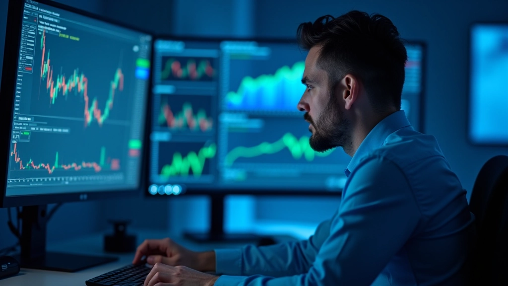 Operatore al computer analizza grafici di mercato con espressione concentrata durante sessione di trading