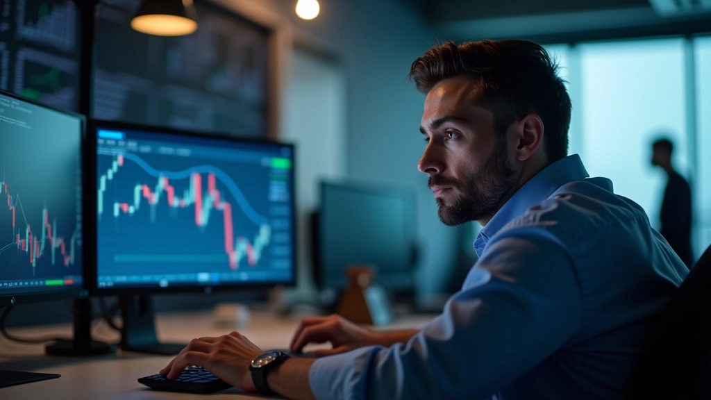 Trader che monitora il mercato durante una sessione di trading, schermo con grafici e dati in tempo reale, ambiente professionale