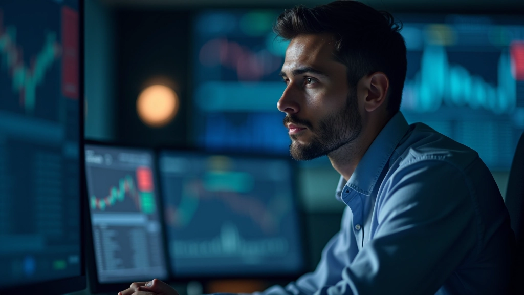 Persona che studia dati finanziari con grafici sullo schermo, analisi di mercato in tempo reale