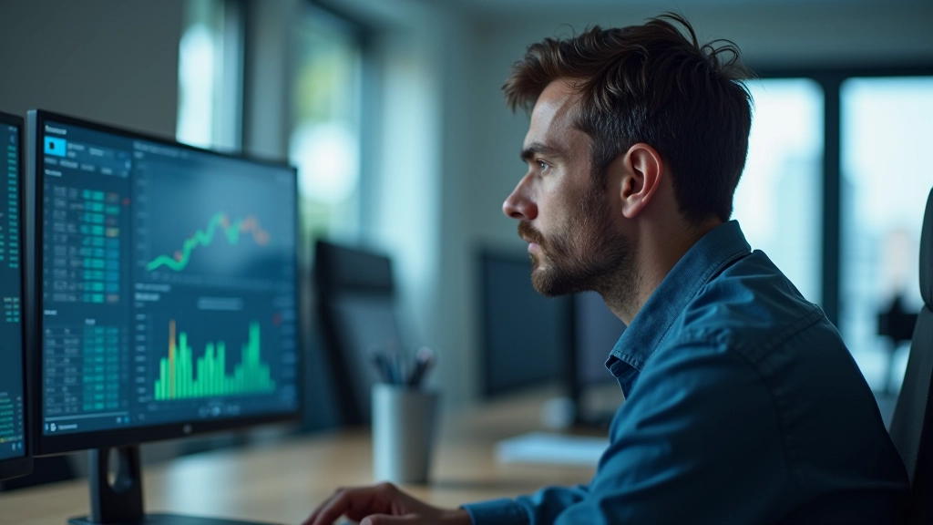 Persona con espressione pensierosa che studia grafici di mercato su schermo per analizzare il comportamento del mercato