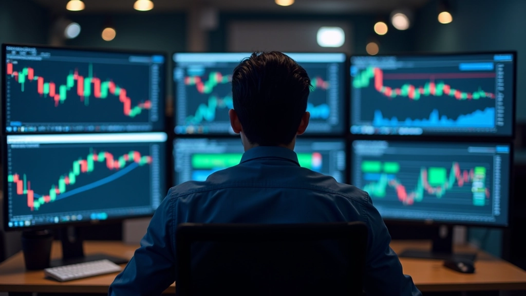 Quattro monitor che mostrano diverse condizioni di mercato: trend stabile, volatilità alta, annuncio economico, perdite consecutive